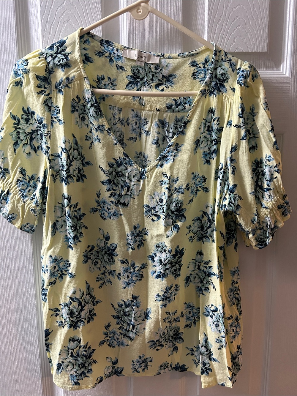 LOFT Yellow Floral V-Neck Puff Sleeve Blouse with Blue Print, large